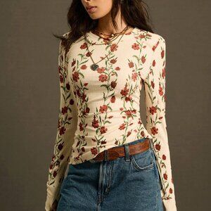 Apricot Boho Women's Elastic Ribbed Long Sleeve T-Shirt w/Floral Cinched Waist